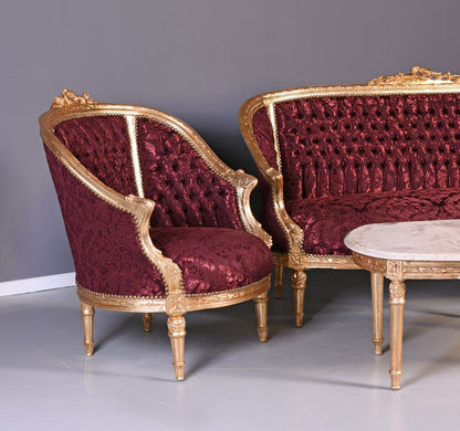 GRUPPO DI SEDUTE SET SALOTTO BAROCCO DIVANO E DUE POLTRONE TAVOLO MARMO