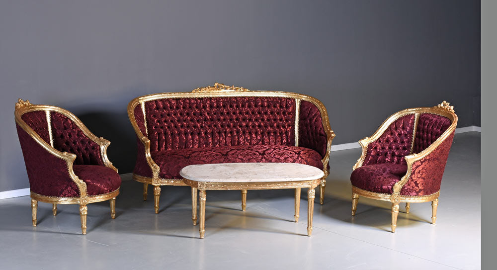 GRUPPO DI SEDUTE SET SALOTTO BAROCCO DIVANO E DUE POLTRONE TAVOLO MARMO