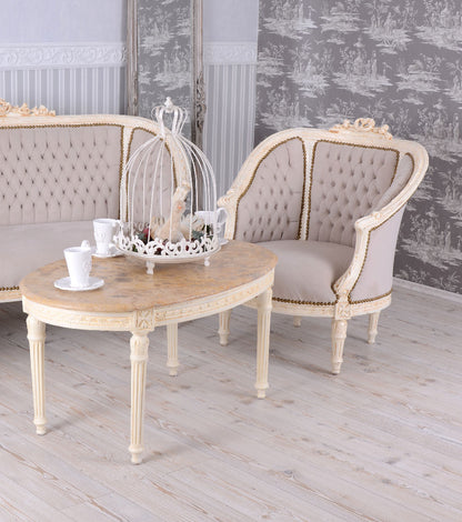 GRUPPO DI SEDUTE SET SALOTTO BAROCCO DIVANO E DUE POLTRONE TAVOLO MARMO