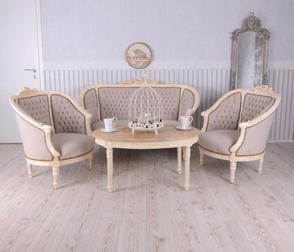 GRUPPO DI SEDUTE SET SALOTTO BAROCCO DIVANO E DUE POLTRONE TAVOLO MARMO