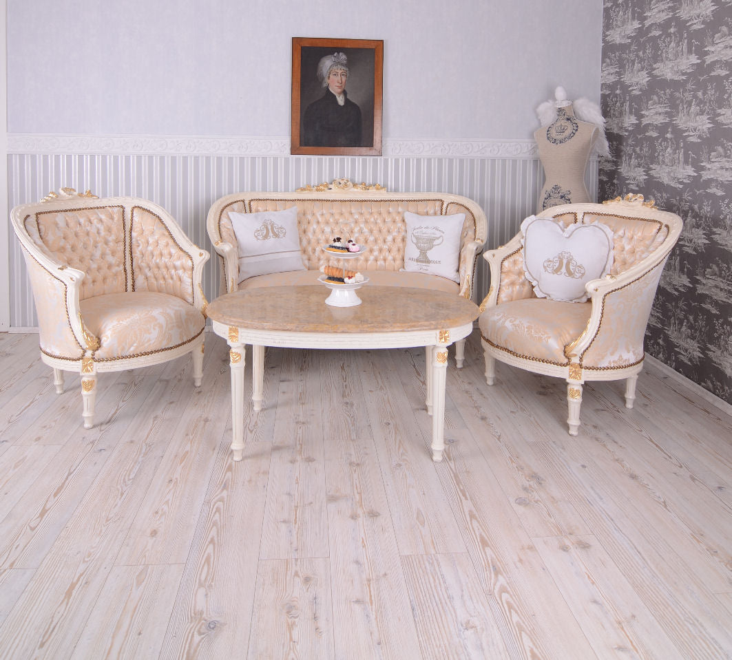 SITZGRUPPE BAROCK SALONGARNITUR SOFA & ZWEI SESSEL TISCH