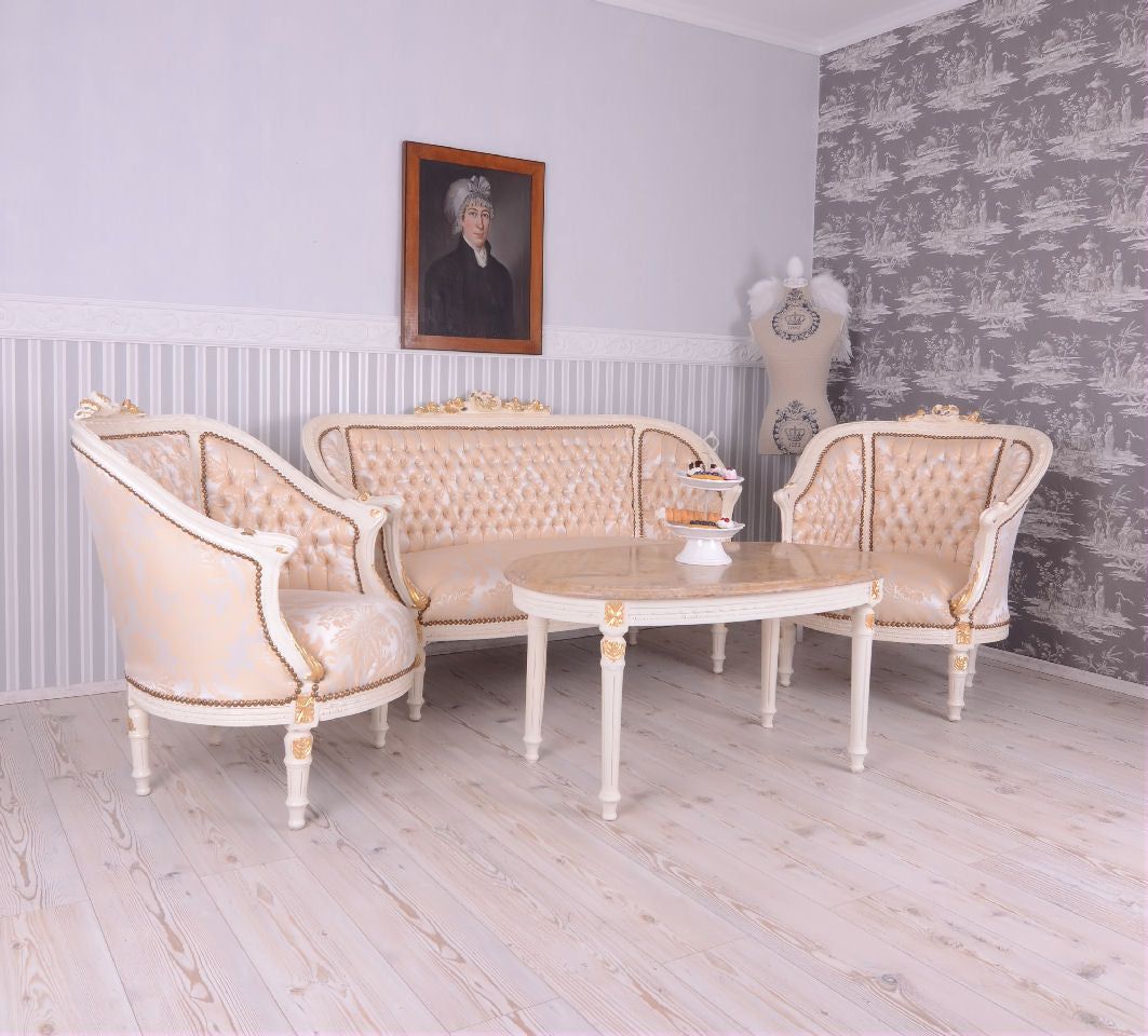 SITZGRUPPE BAROCK SALONGARNITUR SOFA & ZWEI SESSEL TISCH