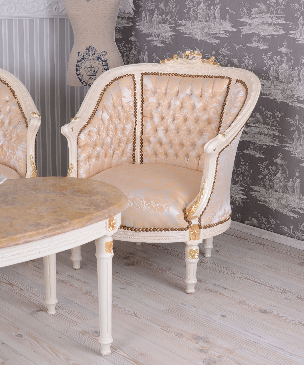 SITZGRUPPE BAROCK SALONGARNITUR SOFA & ZWEI SESSEL TISCH