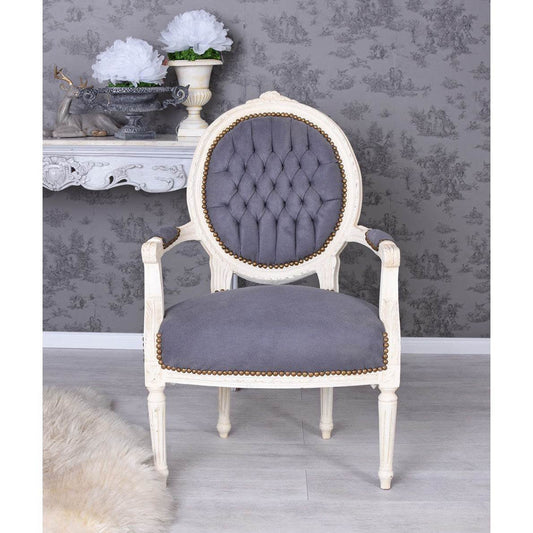 ROMANTISCHER BAROCK SESSEL IM SHABBY CHIC VINTAGE STIL CREME WEISS GRAU - Palo24