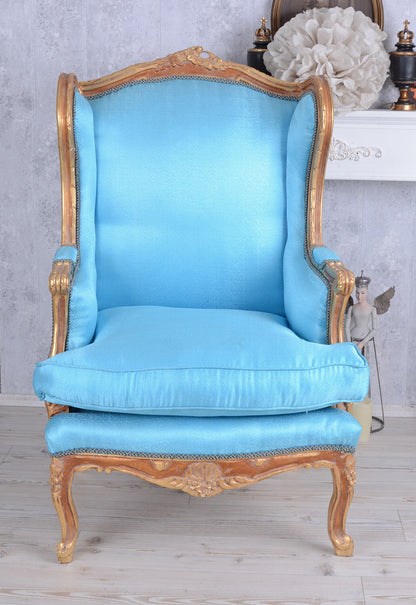 CHAISE BAROQUE WEAR FAUTEUIL TRÔNE ROYAL OR ANTIQUE BLEU CLAIR