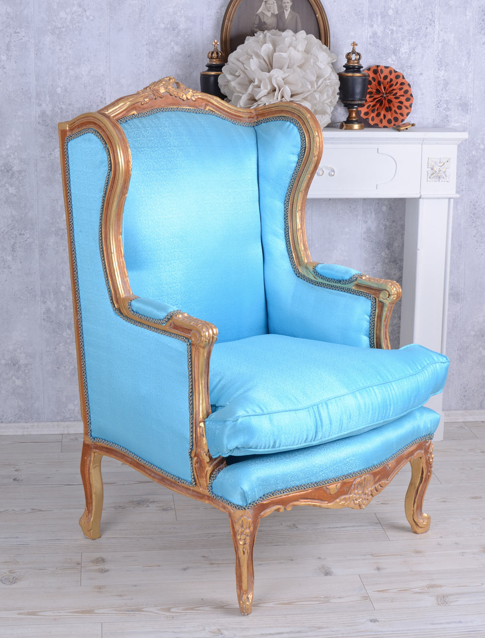 CHAISE BAROQUE WEAR FAUTEUIL TRÔNE ROYAL OR ANTIQUE BLEU CLAIR