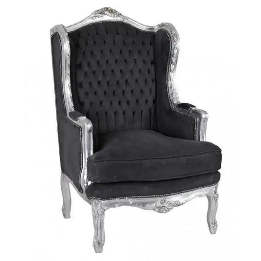 Ohrensessel Barock Silber Schwarz Rokoko Armlehnsessel Antik - Palo24