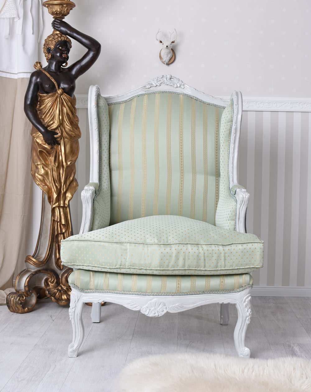 POLTRONA BAROCCA A VENTO POLTRONA ROYAL THRONE GRIGIO CHIARO ANTICO VERDE