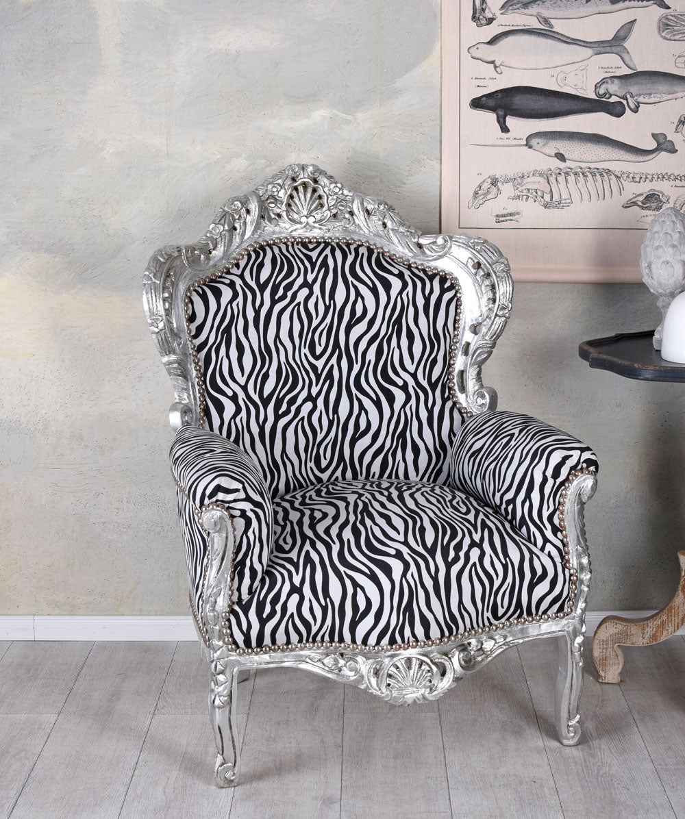 XXL SESSEL BAROCK ZEBRA SILBER
