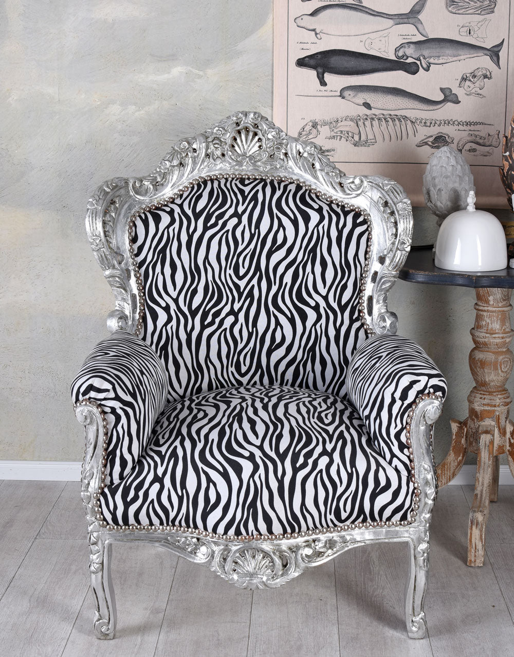 XXL SESSEL BAROCK ZEBRA SILBER