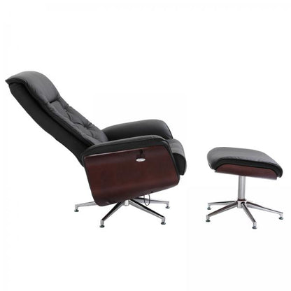 Chaise de relaxation avec tabouret, chaise TV, housse PU, lambris bois, piètement métal noir