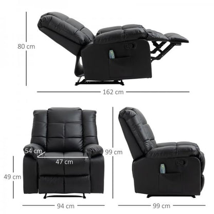 Fauteuil de massage, fauteuil de relaxation, 8 points de vibration, fonction inclinable, cuir artificiel, noir,