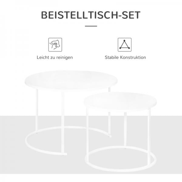 Beistelltisch, 2er Set, Garten Couchtisch, Kaffeetisch mit erhöhten Kanten, Metall Weiss, Ø70 x 50 cm