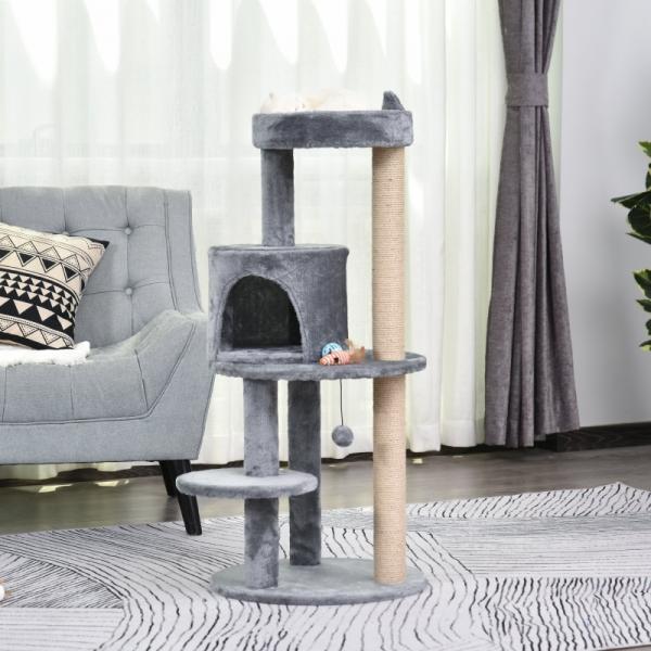 Katzenbaum 4-Stock Katzenhöhle mit Spielbällen Sitzstange Sisalsäule Sisal Plüsch Grau - Palo24