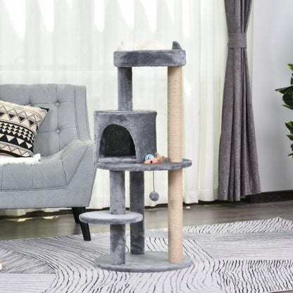 Katzenbaum 4-Stock Katzenhöhle mit Spielbällen Sitzstange Sisalsäule Sisal Plüsch Grau - Palo24