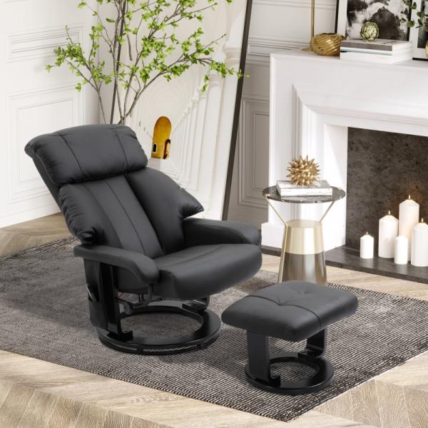 Chaise longue de relaxation avec fonction inclinable, fauteuil TV avec tabouret massage noir