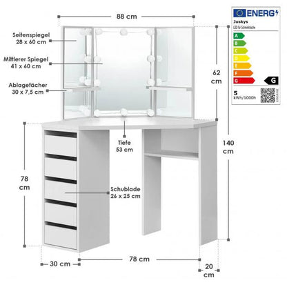 Eck-Schminktisch Nova Kosmetiktisch mit LED-Beleuchtung & Spiegel weiss