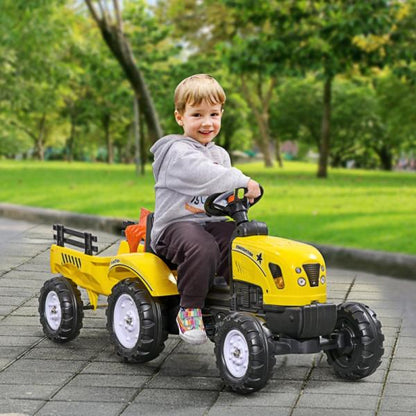 Tracteur à pédales avec remorque, outils, klaxon, pour enfant à partir de 3 ans, châssis métal, noir et jaune, 133 x 42 x 51 cm