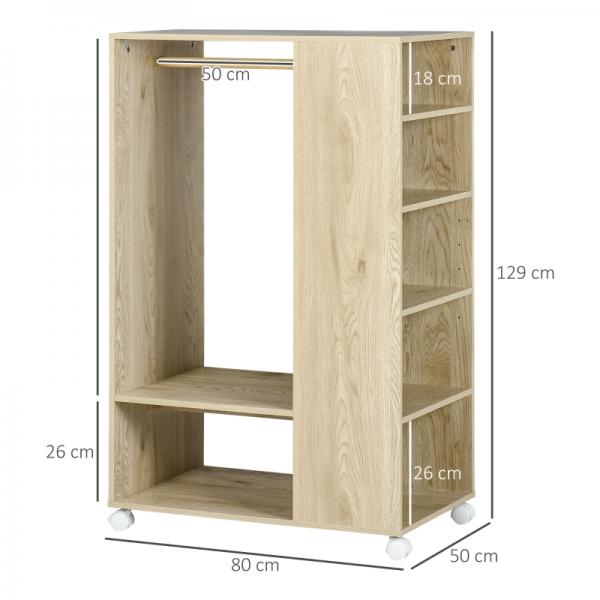 Armoire, portemanteau, 1 tringle à vêtements, 5 étagères, 1 étagère à chaussures, 4 roulettes, naturel