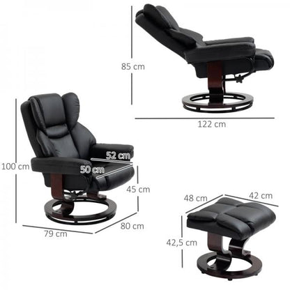 Fauteuil de relaxation avec tabouret, fonction inclinable, rotatif, jusqu'à 160 kg, simili cuir, structure en métal, noir, 80 x 79 x 100 cm