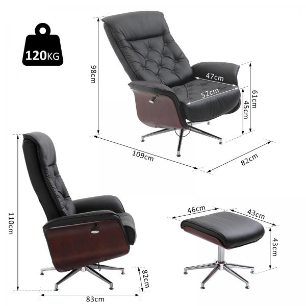 Chaise de relaxation avec tabouret, chaise TV, housse PU, lambris bois, piètement métal noir