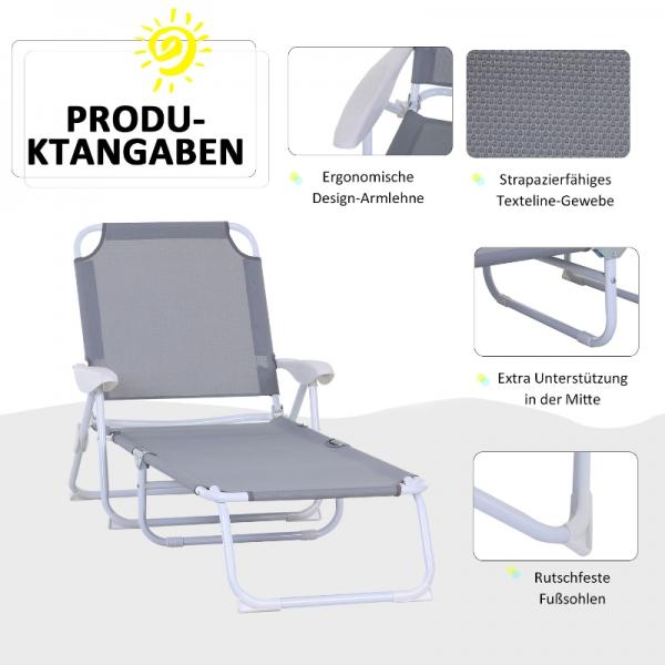 Bain de soleil transat de plage pliable transat de jardin à 4 niveaux textile gris