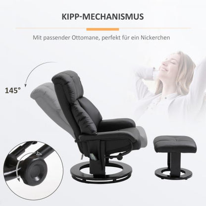 Chaise longue de relaxation avec fonction inclinable, fauteuil TV avec tabouret massage noir