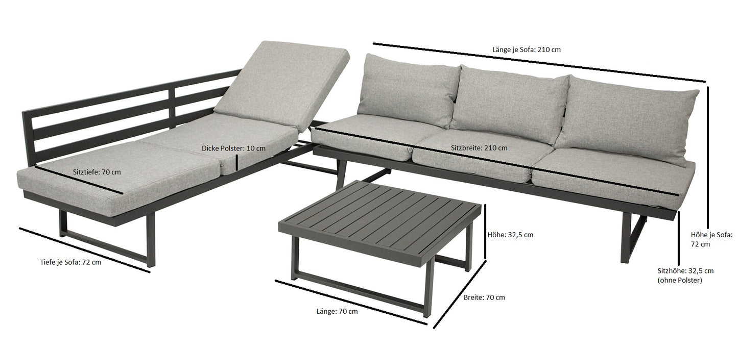 Funktions Lounge Set Gartengarnitur BOGOTA, Aluminium matt-grau, Polster hellgrau