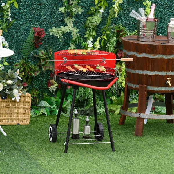 Holzkohlegrill auf Rollen Rundgrill Standgrill Holzkohle Rost BBQ Metall Rot