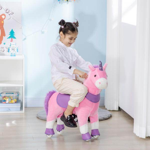 Schaukelpferd Einhorn 4 Rollen 2 Pedale gepolsterter Sattel Pink + Lila + Weiss - Palo24