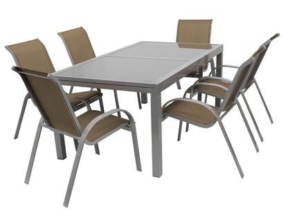 Set gruppo sedute AMALFI 7 pezzi, alluminio + vetro + tessuto sintetico tortora