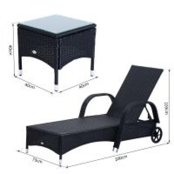 Sonnenliege Tisch 3er Set Gartenmöbel Polyrattan Schwarz