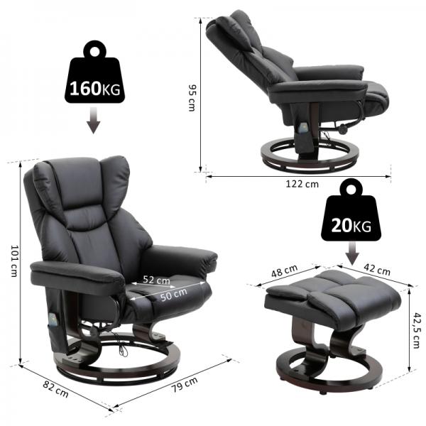 Fauteuil de relaxation avec fonction massage, repose-pieds, fauteuil de massage, fonction inclinable, noir