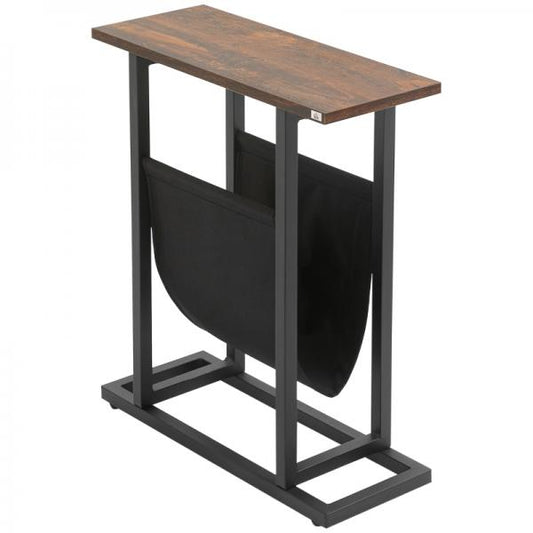 Table d'appoint, table de chevet, design fin, avec sac en tissu, acier, marron foncé + noir