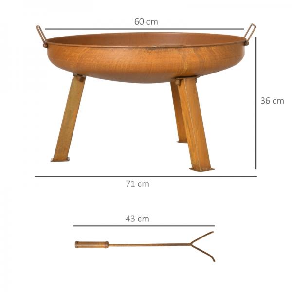 Feuerschale mit Schürhaken, Gußeisen, Feuerstelle, 71 cm x 60 cm x 36 cm, Rostbraun