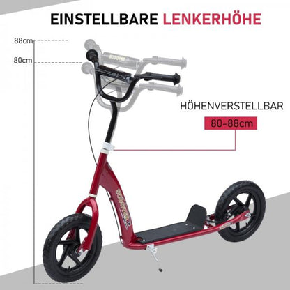 Kinderroller mit Hinterbremse Kickscooter 12 Zoll Tretroller Cityroller Kickboard Höhenverstellbar Stahl EVA Rot