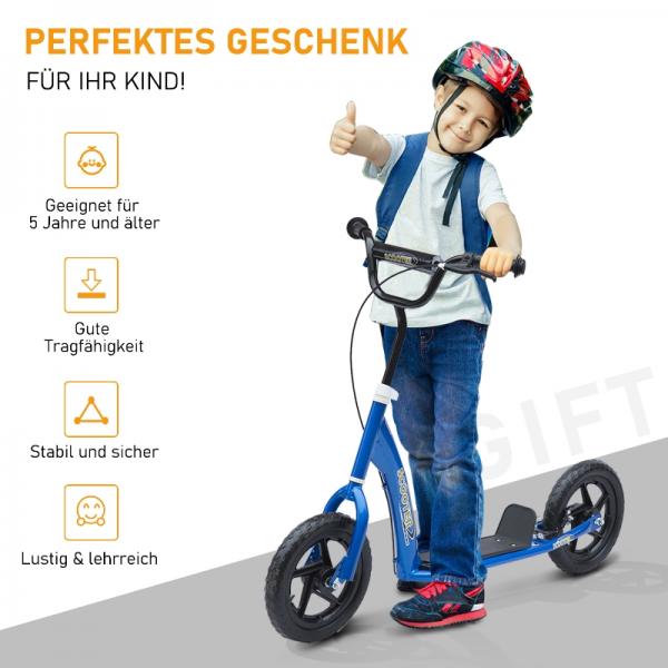 Kinderroller mit Hinterbremse Kickscooter 12 Zoll Tretroller Cityroller Kickboard Höhenverstellbar Stahl EVA Blau