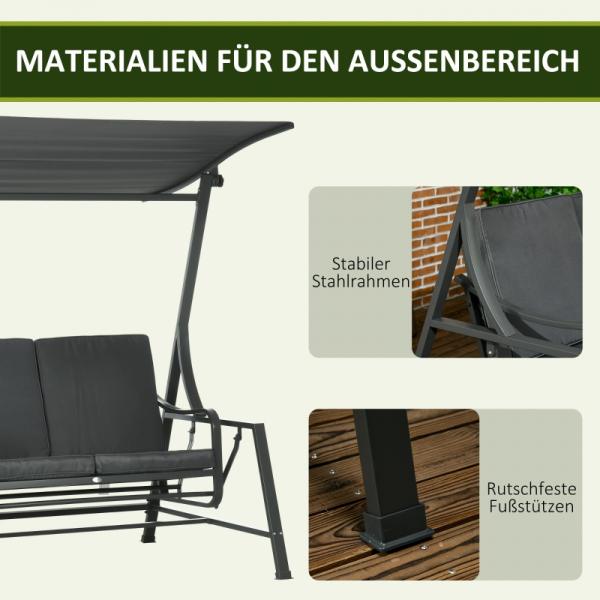 Hollywoodschaukel, neigbares Dach, Sitz- und Rückenkissen, Stahlrahmen, dunkelgrau - Palo24