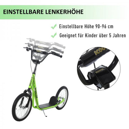 Trottinette pour enfants, trottinette de ville, trottinette, planche avec pneumatiques, 16 pouces, vert