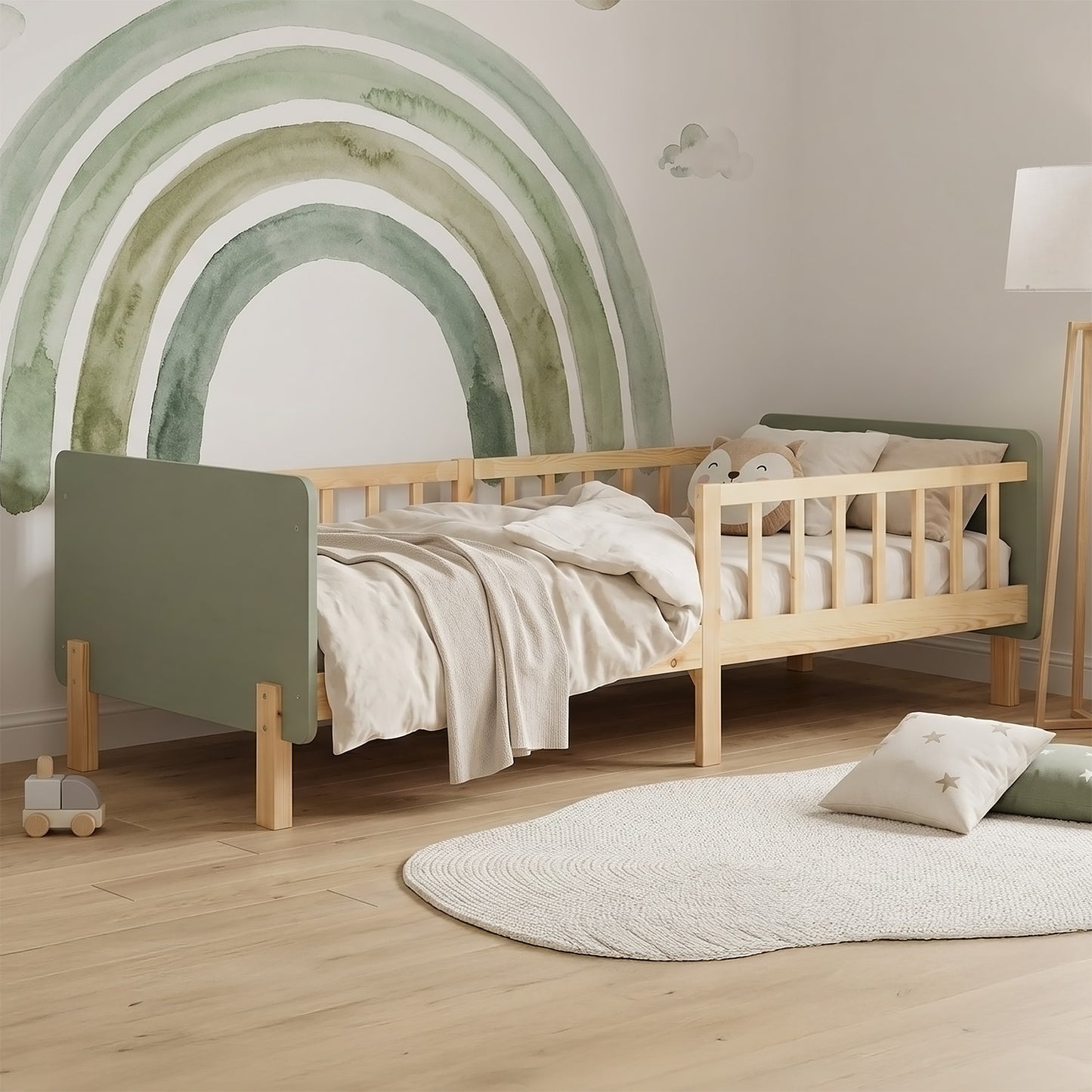 Kinderbett 90x200 cm mit Lattenrost und Rausfallschutz in Grün