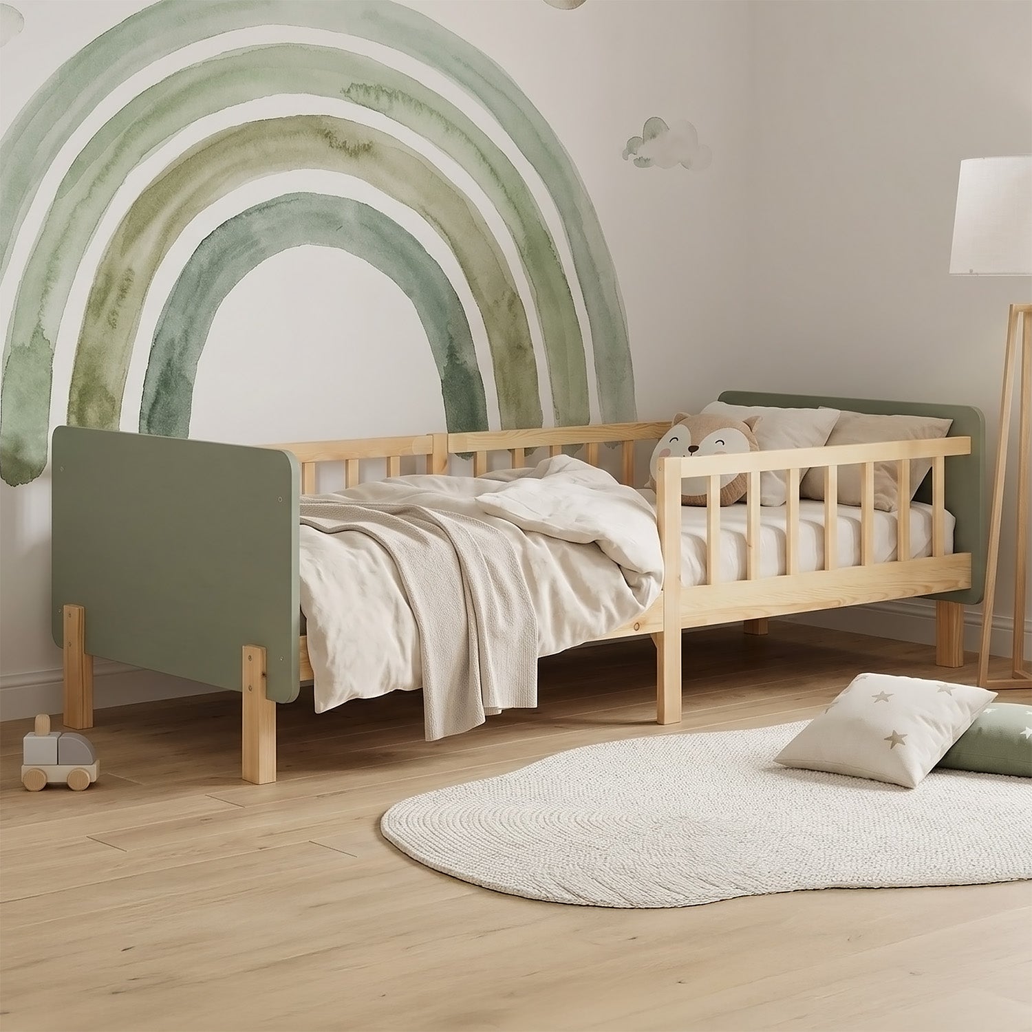 Kinderbett 90x200 cm mit Lattenrost und Rausfallschutz in Grün
