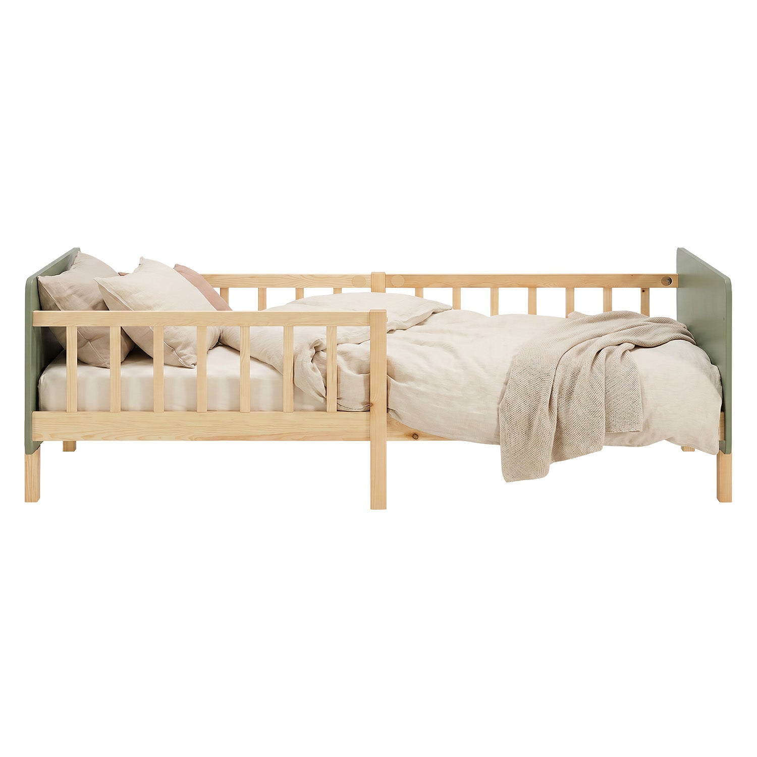 Kinderbett 90x200 cm mit Lattenrost und Rausfallschutz in Grün