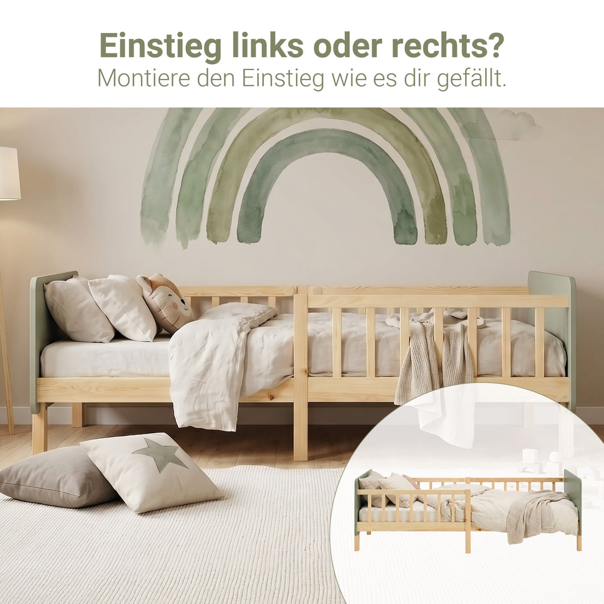 Kinderbett 90x200 cm mit Lattenrost und Rausfallschutz in Grün