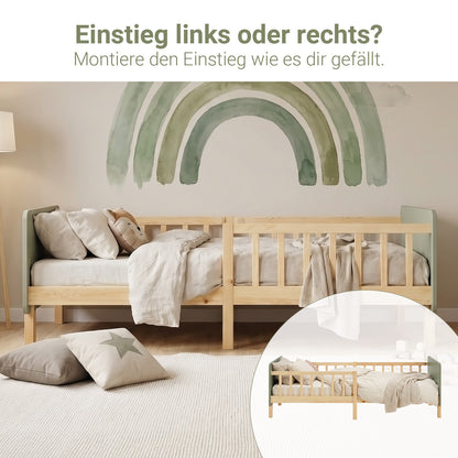 Kinderbett 90x200 cm mit Lattenrost und Rausfallschutz in Grün