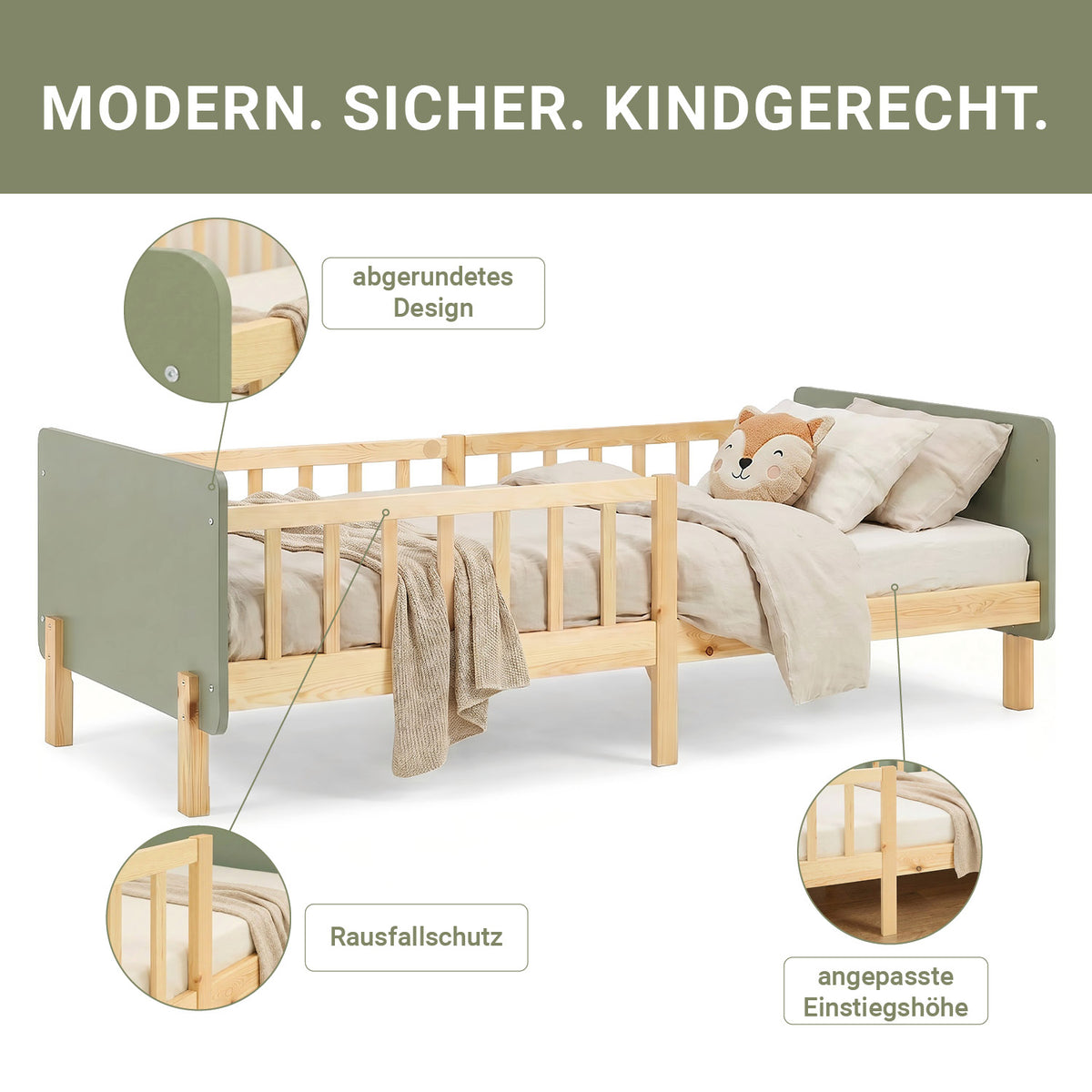 Kinderbett 90x200 cm mit Lattenrost und Rausfallschutz in Grün