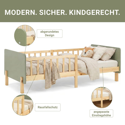 Kinderbett 90x200 cm mit Lattenrost und Rausfallschutz in Grün