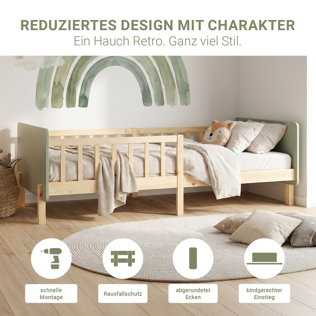 Kinderbett 90x200 cm mit Lattenrost und Rausfallschutz in Grün