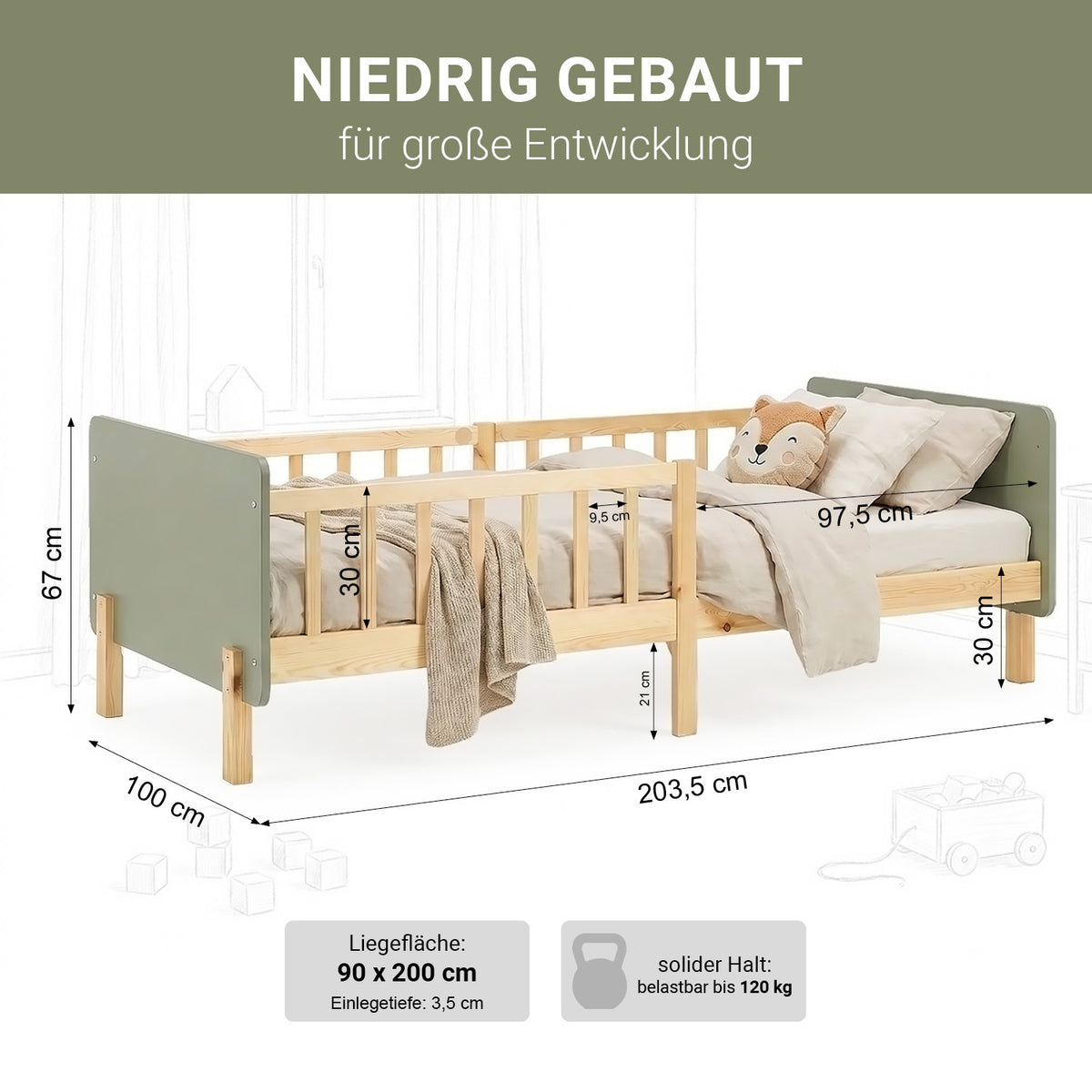 Kinderbett 90x200 cm mit Lattenrost und Rausfallschutz in Grün