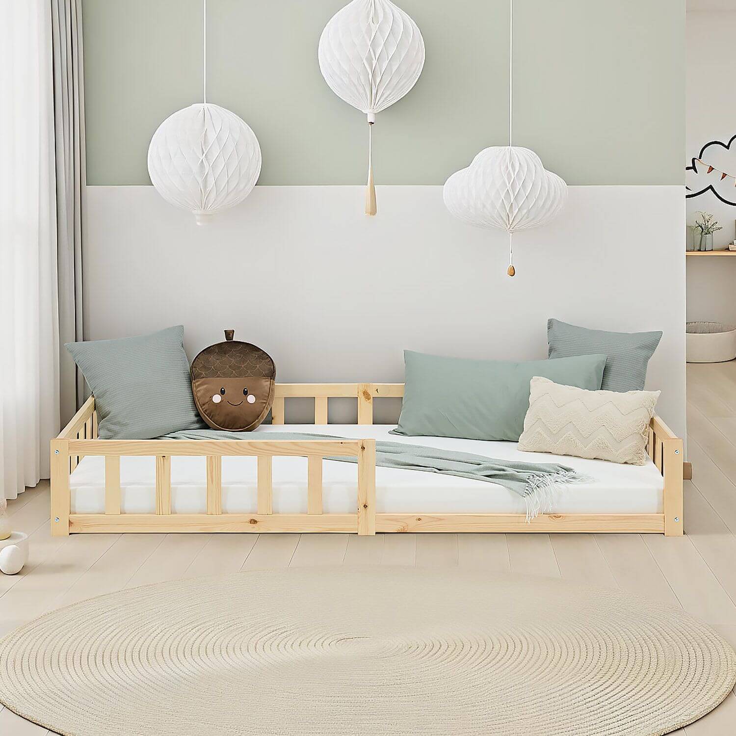 kinderbett 90x200 natur bodenbett montessori mit lattenrost und rausfallschutz