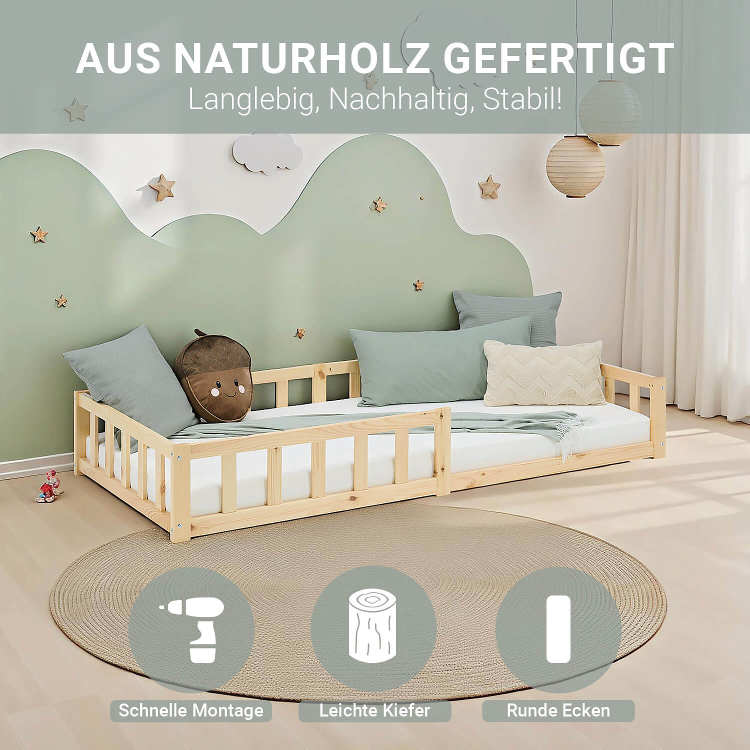 kinderbett 90x200 natur bodenbett montessori mit lattenrost und rausfallschutz